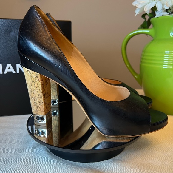 CHANEL CC Logo Black Genuine Leather Peep Toe Platform Cork Chain Pump Heels - Picture 3 of 11